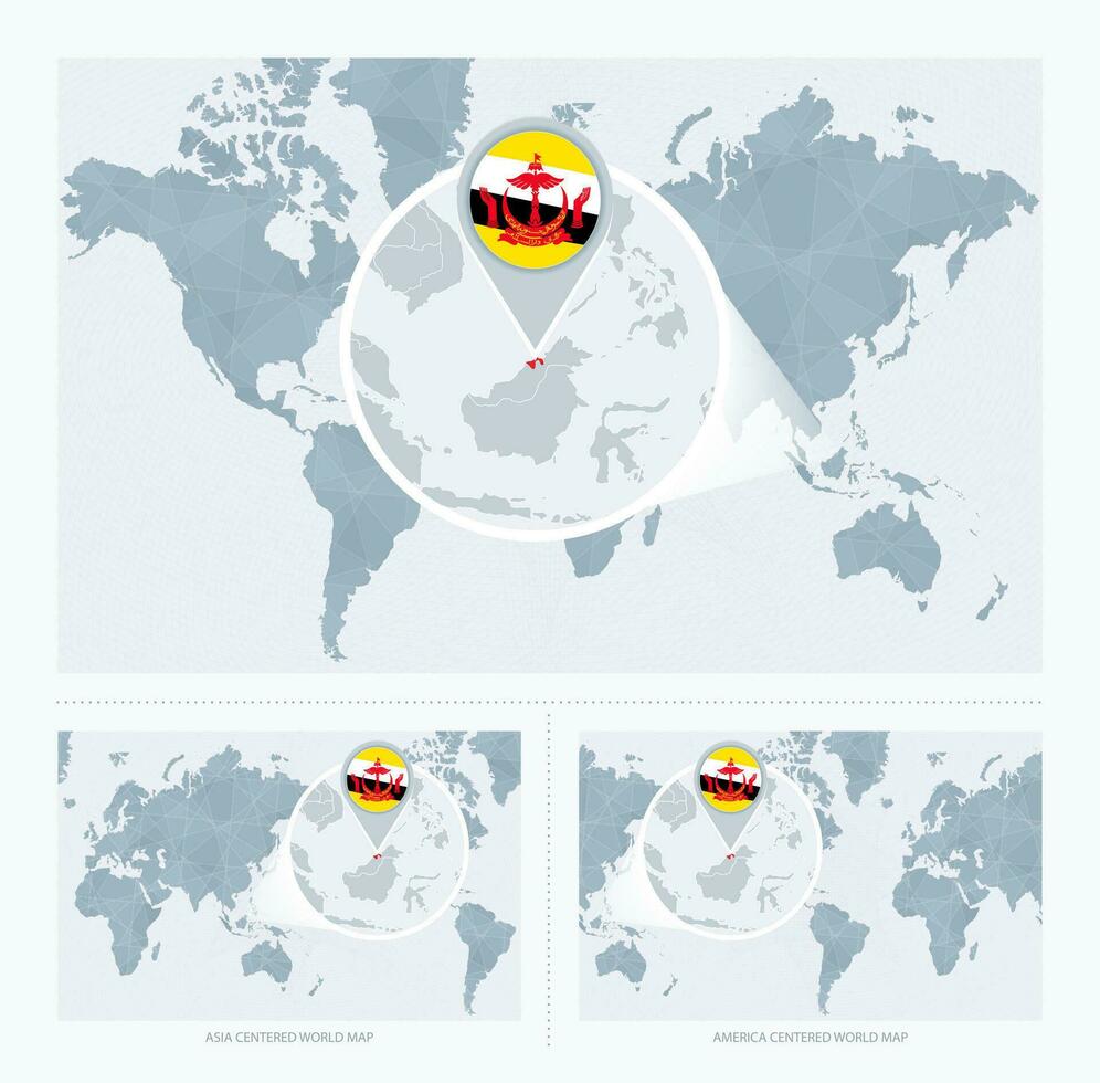 Magnified Brunei over Map of the World, 3 versions of the World Map with flag and map of Brunei. vector