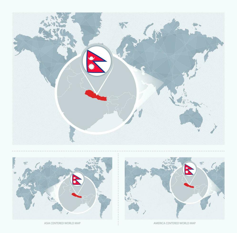 Magnified Nepal over Map of the World, 3 versions of the World Map with flag and map of Nepal. vector