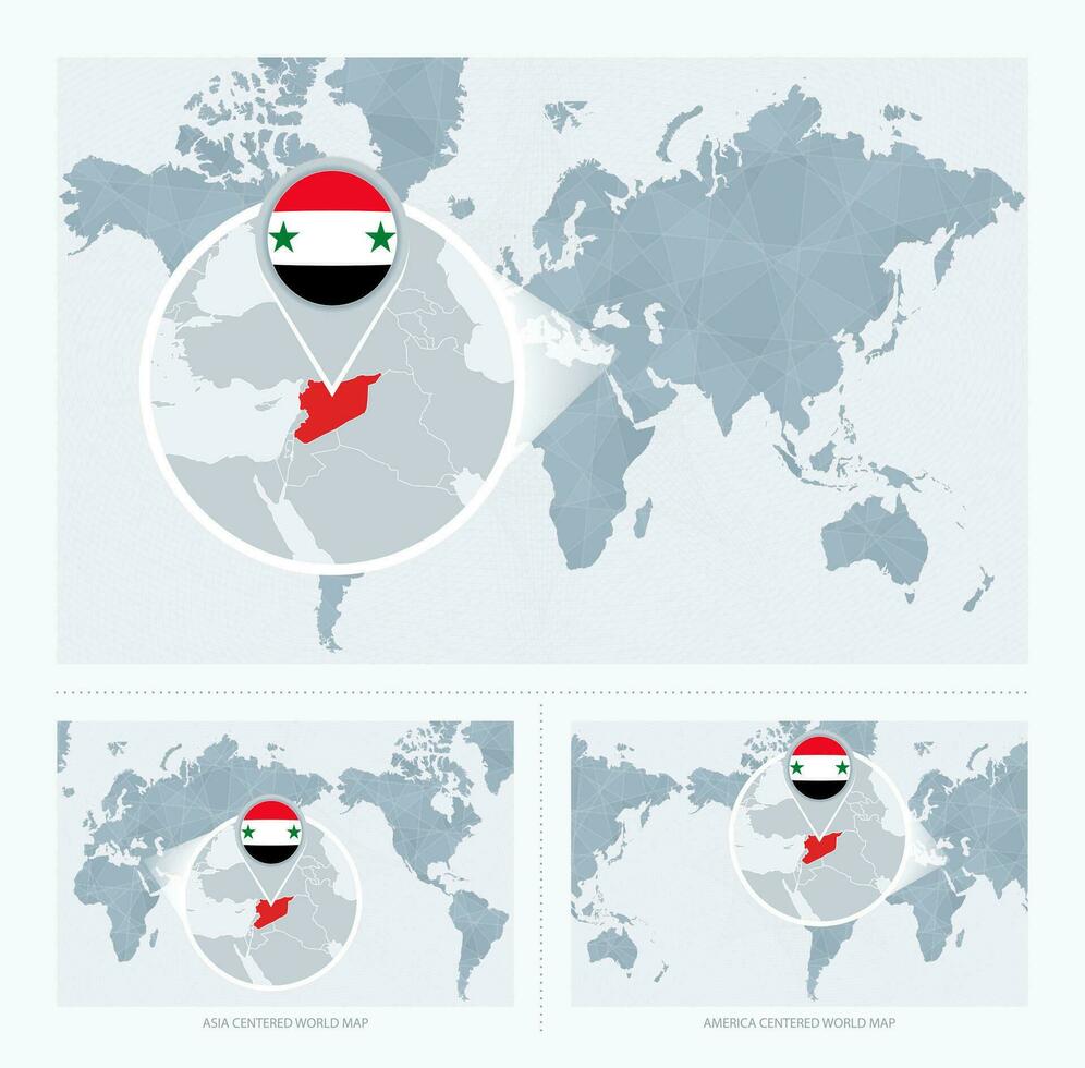 Magnified Syria over Map of the World, 3 versions of the World Map with flag and map of Syria. vector