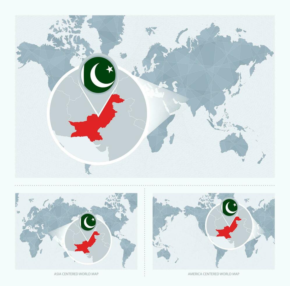 Magnified Pakistan over Map of the World, 3 versions of the World Map with flag and map of Pakistan. vector