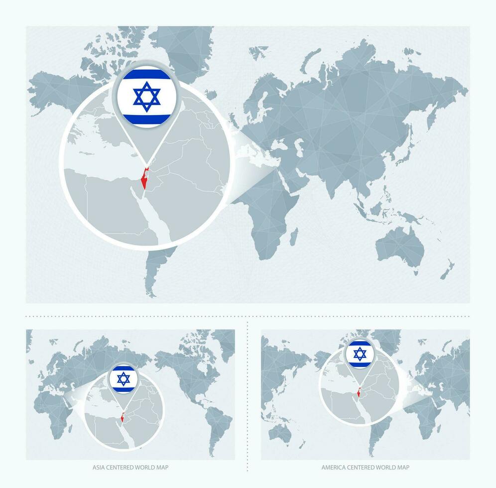 Magnified Israel over Map of the World, 3 versions of the World Map with flag and map of Israel. vector