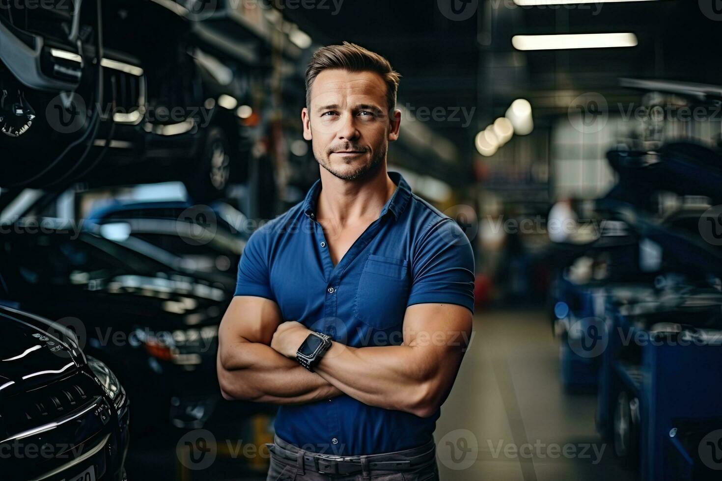 Technician, male auto mechanic in coverall in modern auto repair shop, garage. Generative AI photo