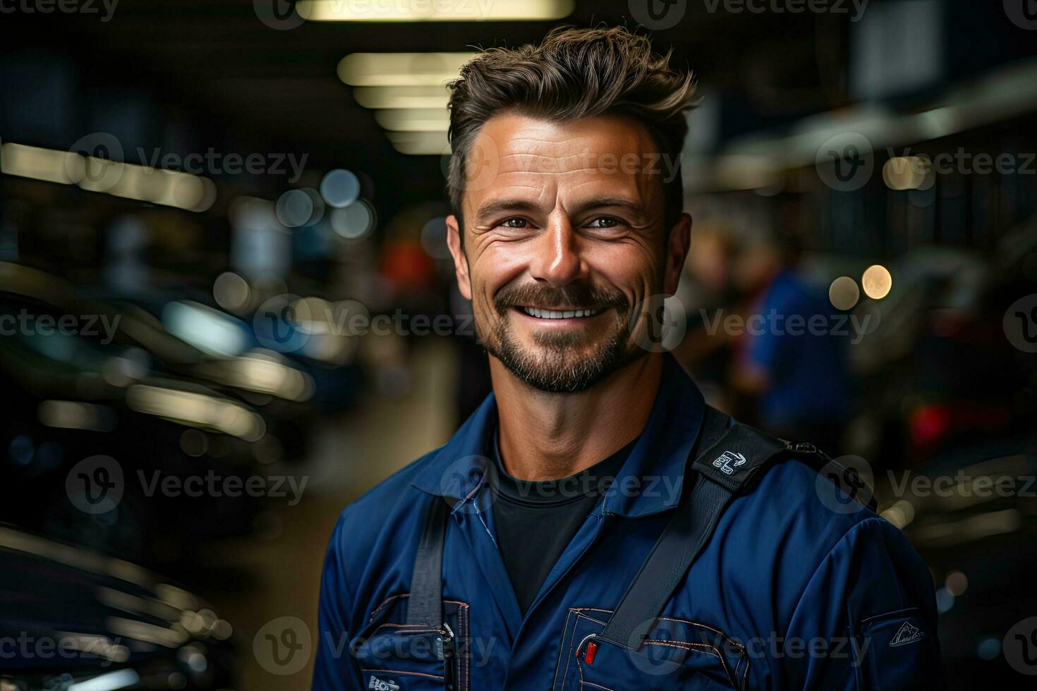 Technician, male auto mechanic in coverall in modern auto repair shop, garage. Generative AI photo
