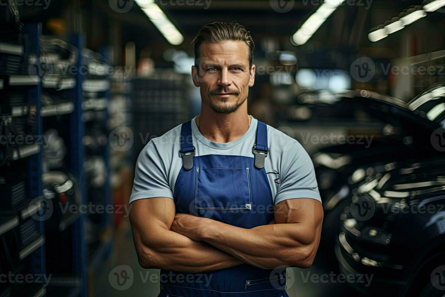 mit Spezialwerkzeug. Mann in Arbeitsuniform repariert weißes Auto drinnen.  Konzept des Autoservices 15293609 Stock-Photo bei Vecteezy