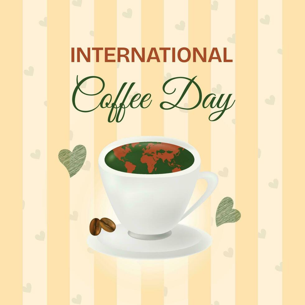 internacional café día póster ilustracion.cafe taza con mundo mapa, café frijoles vector
