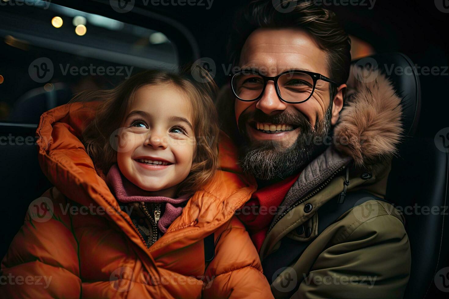 happy father and daughter looking at camera while sitting in backseat of car. Generative AI photo