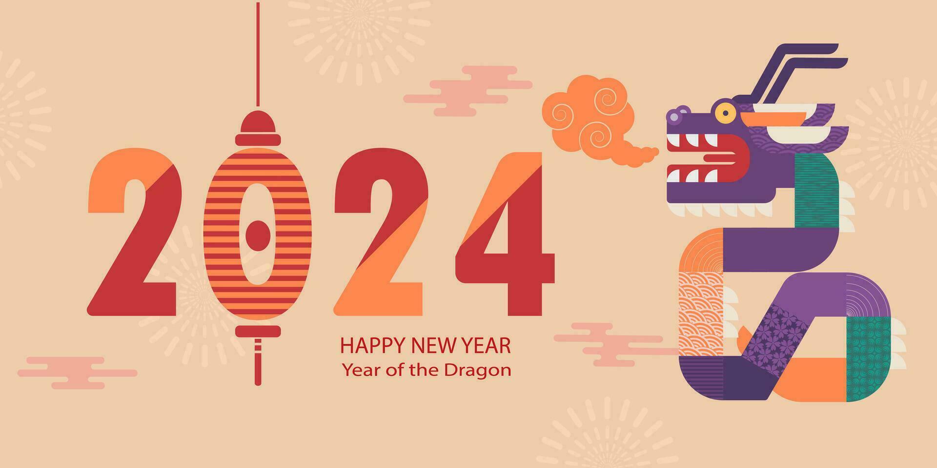 Banner template for Chinese New Year with dragon and traditional patterns and elements. Minimalistic style. Translation from Chinese - Happy New Year, dragon symbol. Vector illustration