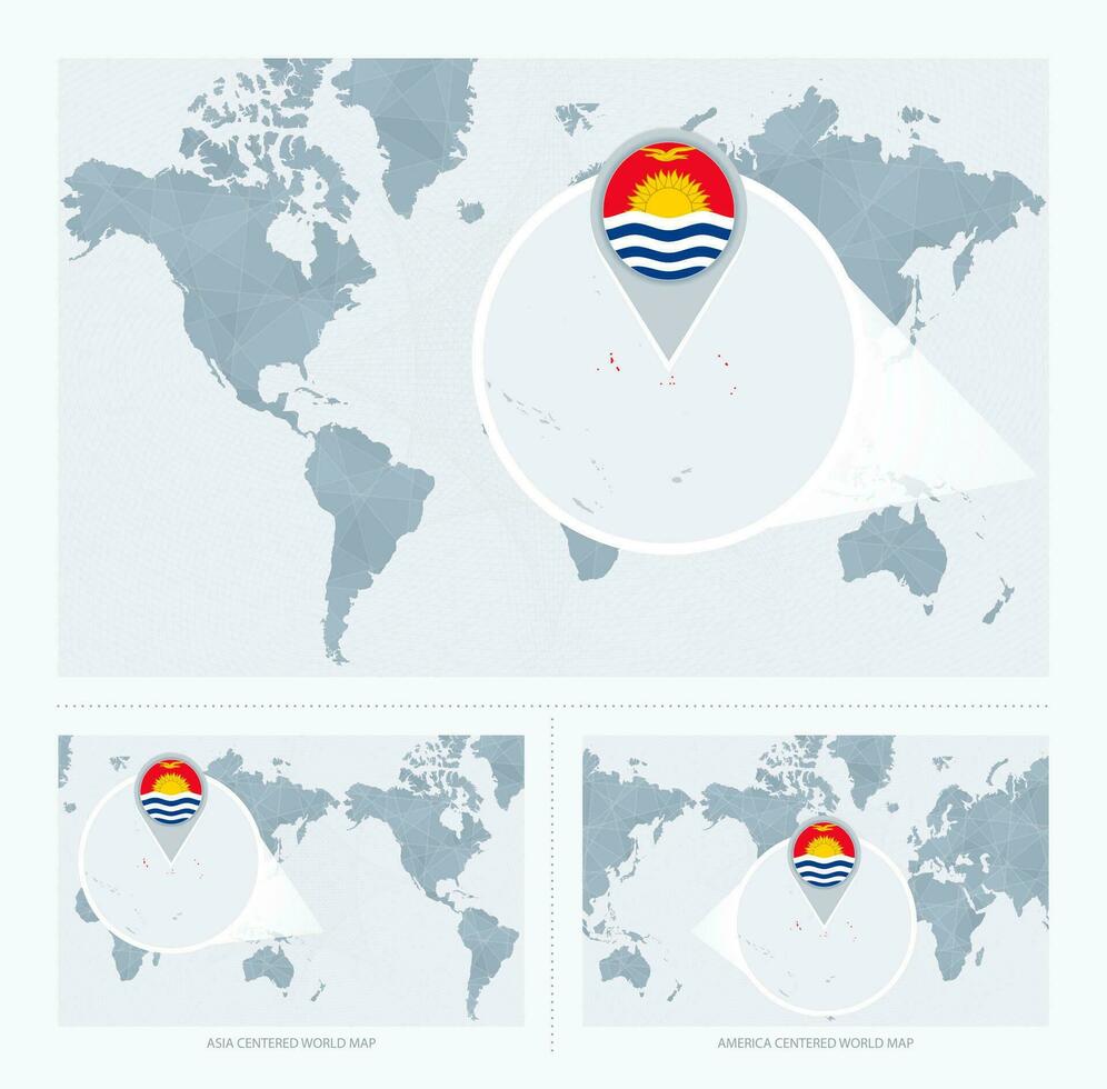 Magnified Kiribati over Map of the World, 3 versions of the World Map with flag and map of Kiribati. vector