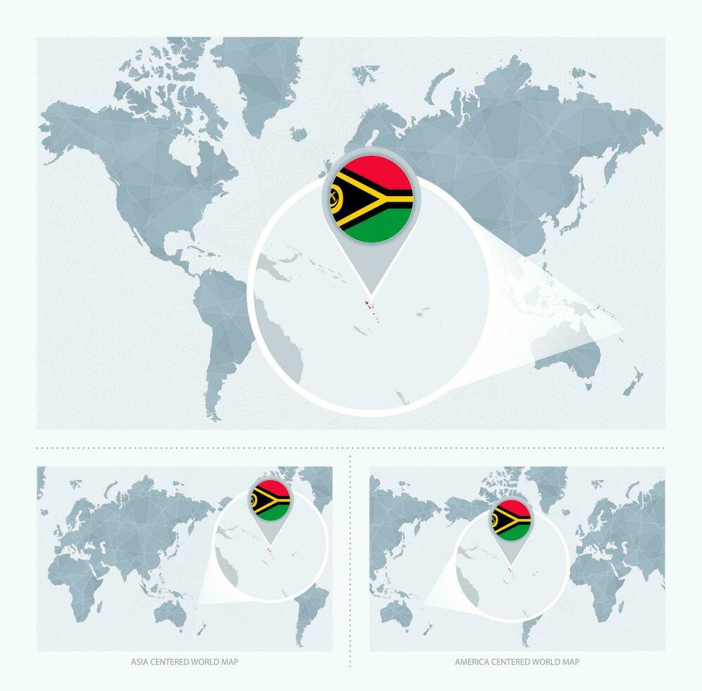 magnificado vanuatu terminado mapa de el mundo, 3 versiones de el mundo mapa con bandera y mapa de vanuatu vector