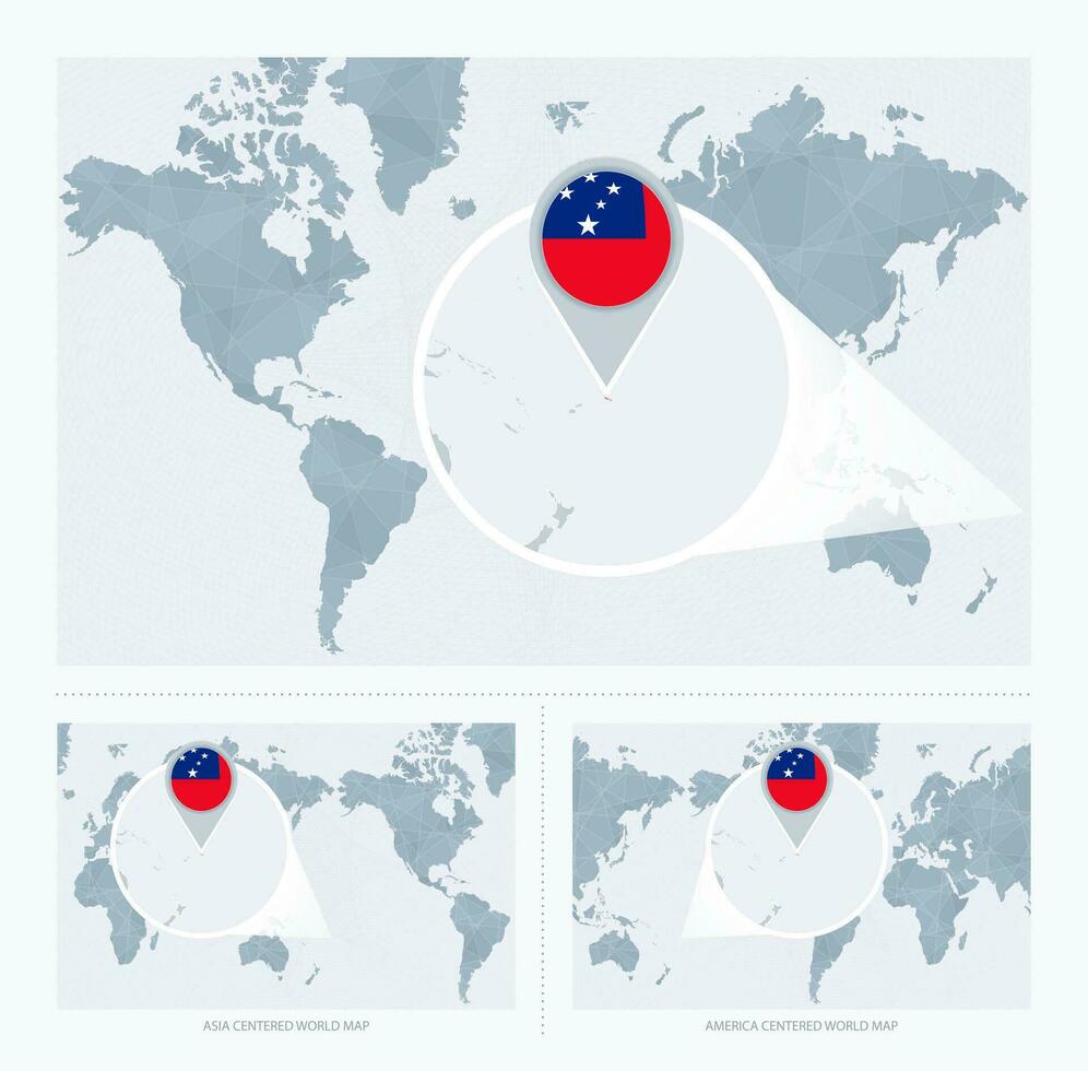 Magnified Samoa over Map of the World, 3 versions of the World Map with flag and map of Samoa. vector