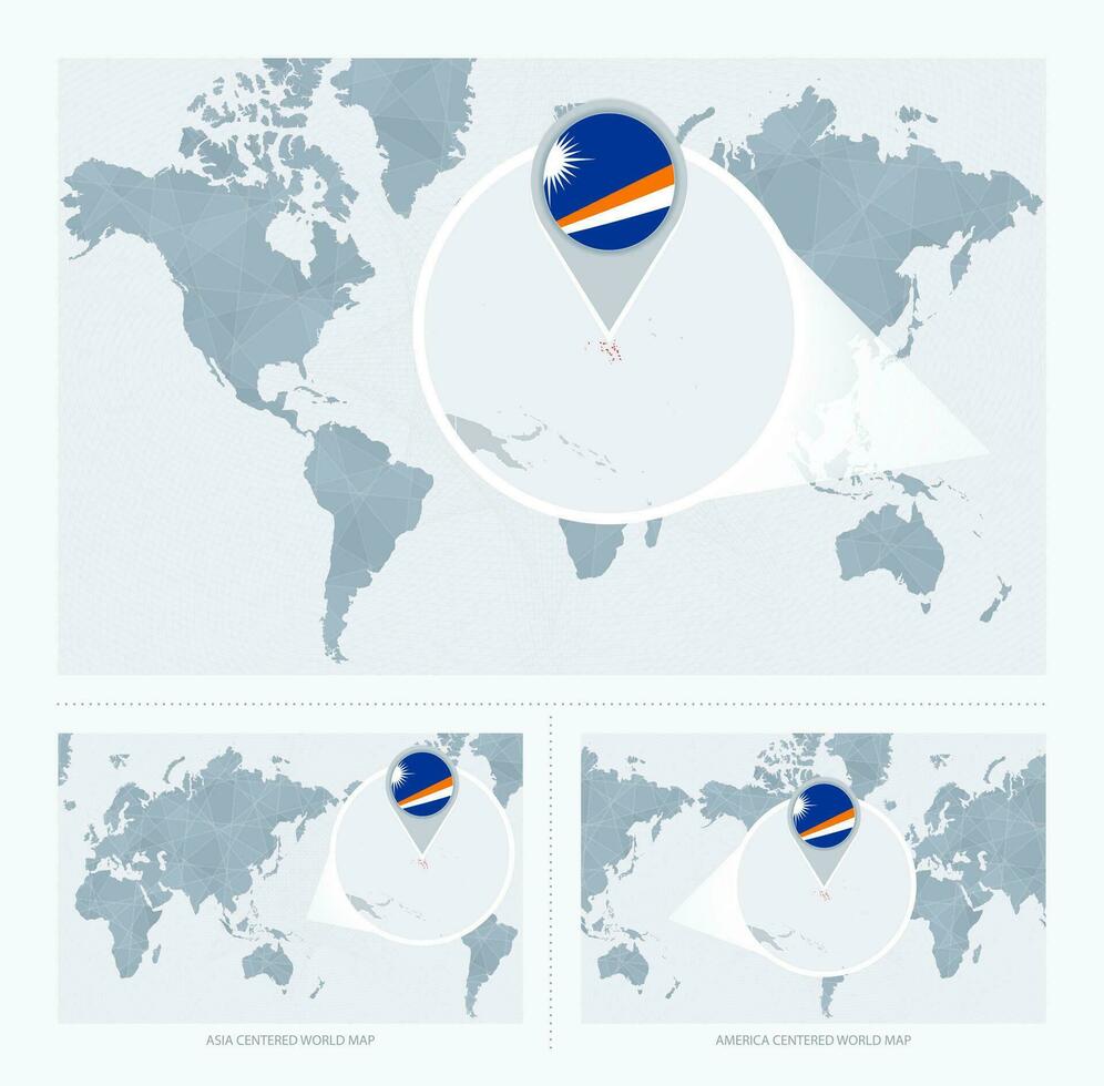 Magnified Marshall Islands over Map of the World, 3 versions of the World Map with flag and map of Marshall Islands. vector