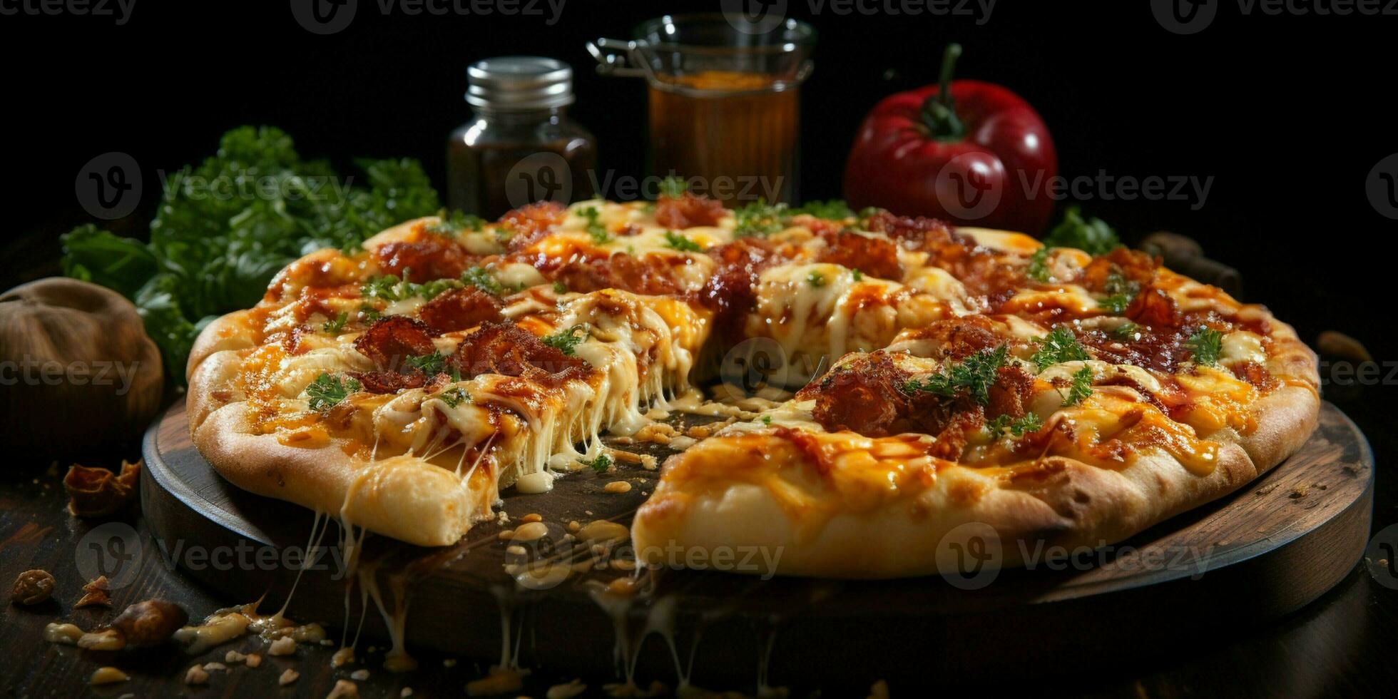 Pizza with stretching cheese on a wooden table on a black background photo