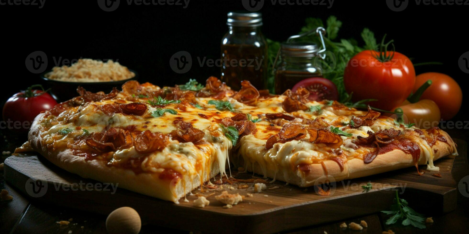 Pizza with stretching cheese on a wooden table on a black background photo