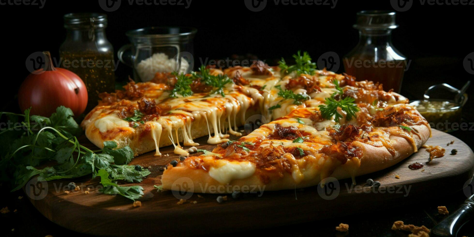 Pizza with stretching cheese on a wooden table on a black background photo