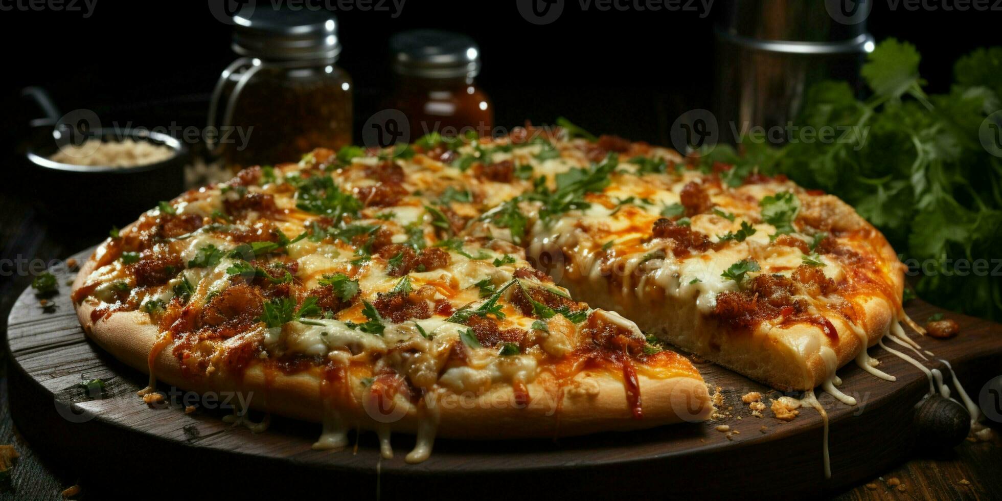 Pizza with stretching cheese on a wooden table on a black background photo