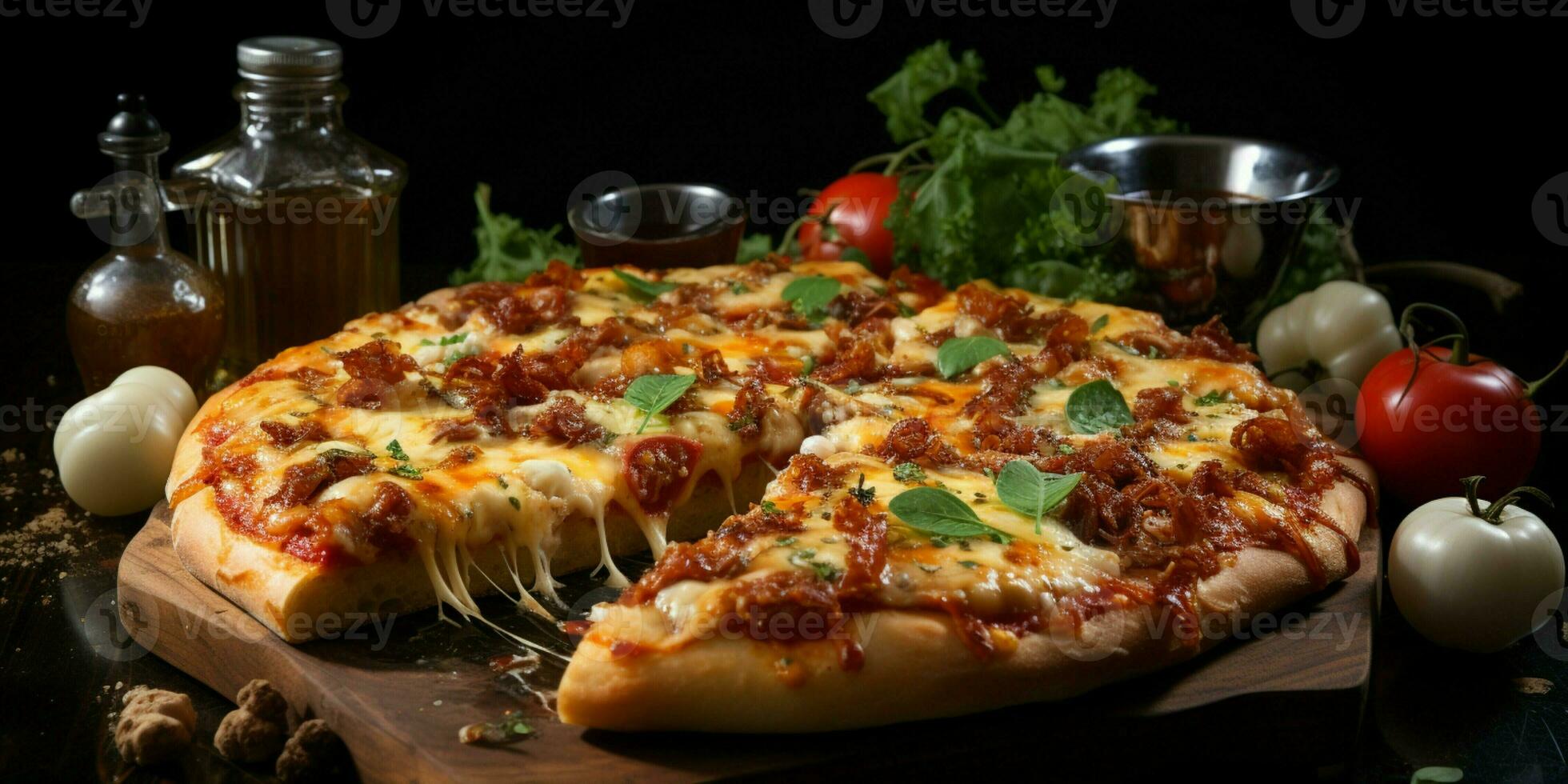 Pizza with stretching cheese on a wooden table on a black background photo