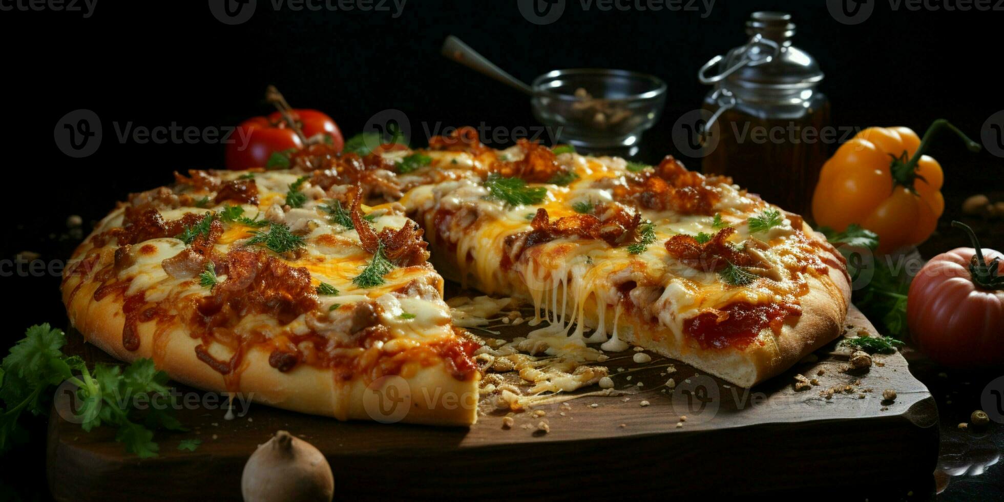 Pizza with stretching cheese on a wooden table on a black background photo