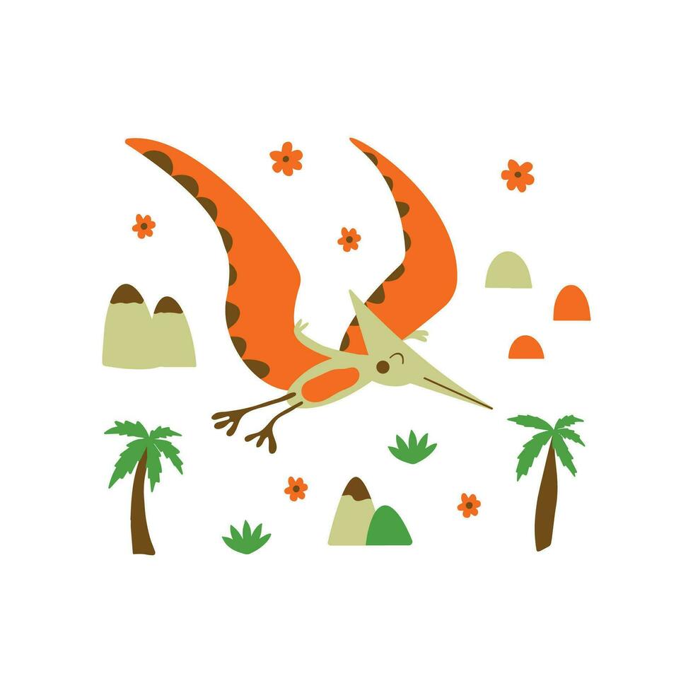 Pterodactyl. Flying archosaurus. Colorful vector hand drawn