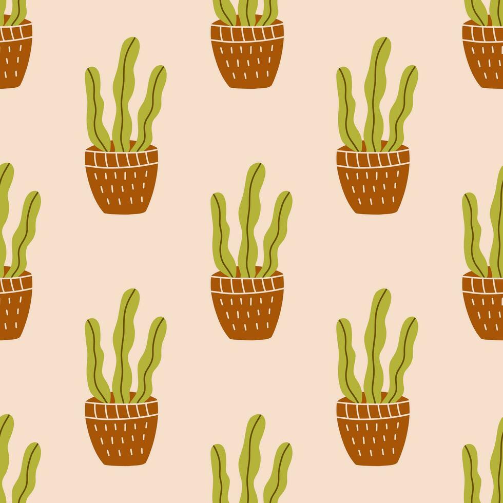 Seamless pattern with green cactus in a pot. Vector
