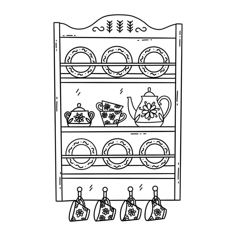 Wooden vintage shelf for dishes. Vector hand drawn