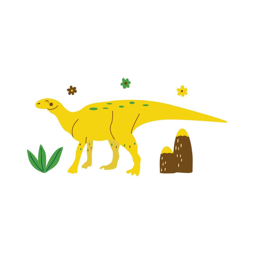 dinosaurio amarillo hadrosaurio. vistoso vector mano dibujado