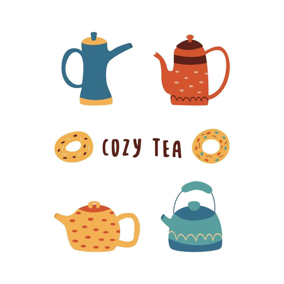 Set of cute teapots with donuts. Cozy tea. Vector