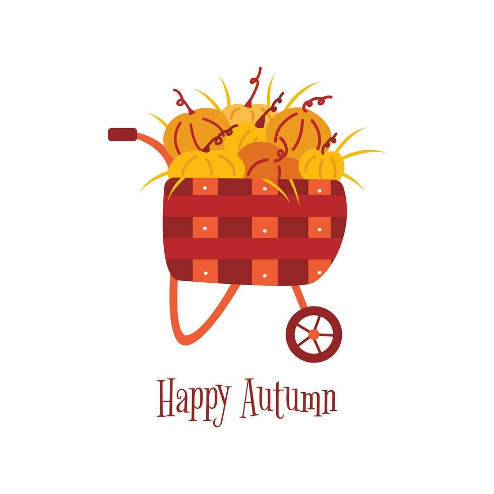 Wooden cart with pumpkins. Happy Autumn. Vector hand drawn