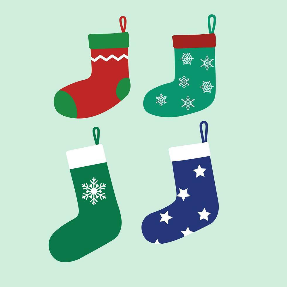 Cartoon Christmas stockings illustration vector. Hanging stocking with xmas patterns. Socks with snowflakes, stars and zigzag line. For Christmas cards, banners, tag, labels, background. vector