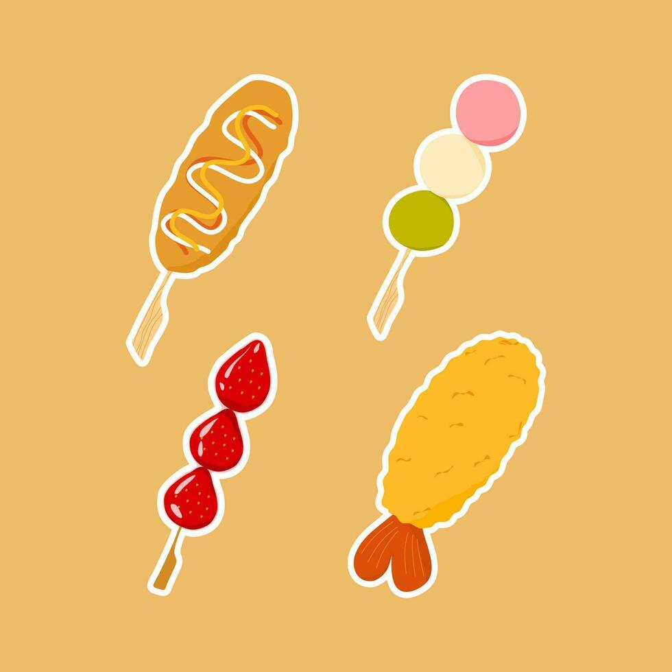 japonés calle comidas vector ilustración Fruta azucarado corndog ebi furai hanami dango