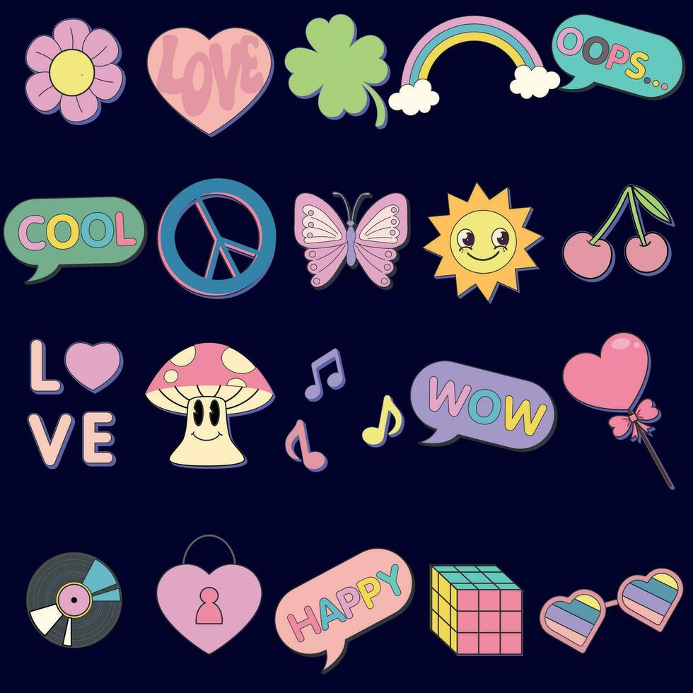 Big set of stickers, patches, badges in cartoon comic style of 80s-90s. Retro print with hippie elements. Hippie style lettering.Vector illustration. vector