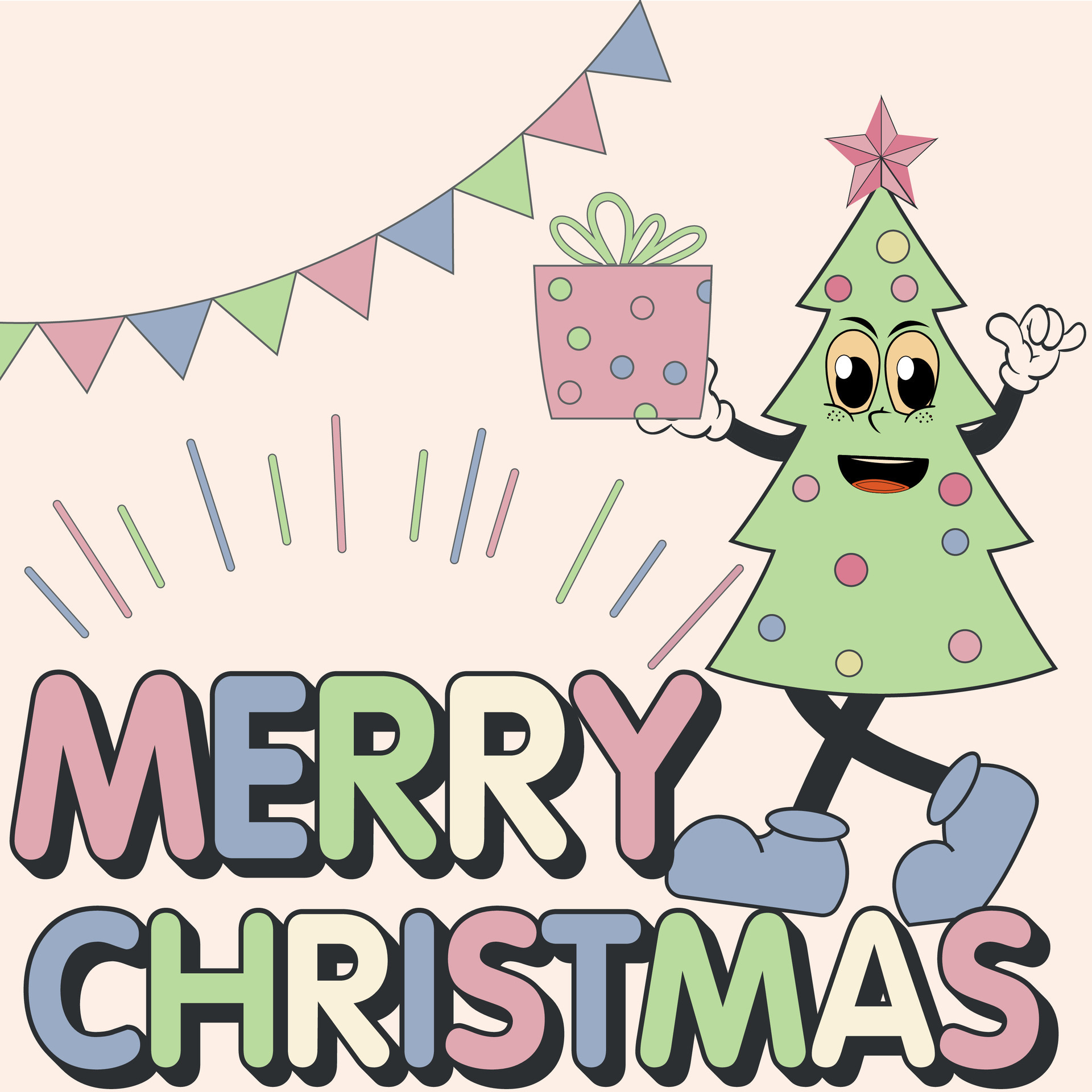 Retro Groovy Hippie Christmas with cute Christmas tree character ...