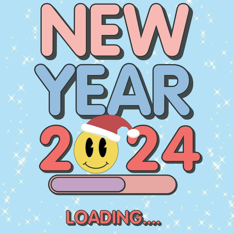 New year 2024 groovy hippie Christmas. Smile vibes in trendy retro