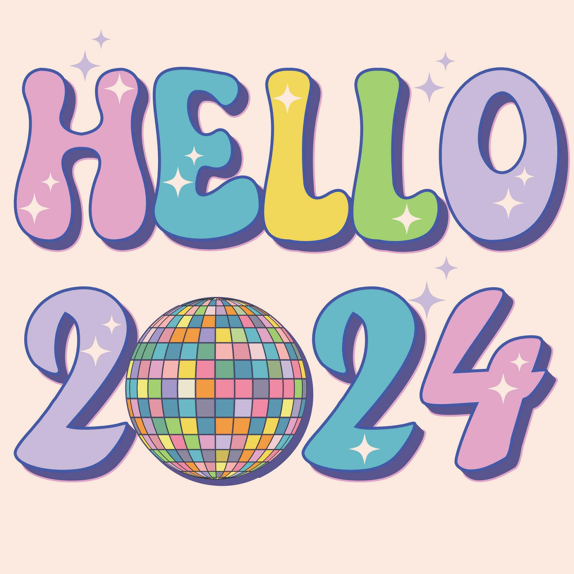 Hello 2024 groovy typography with retro disco ball on beige background