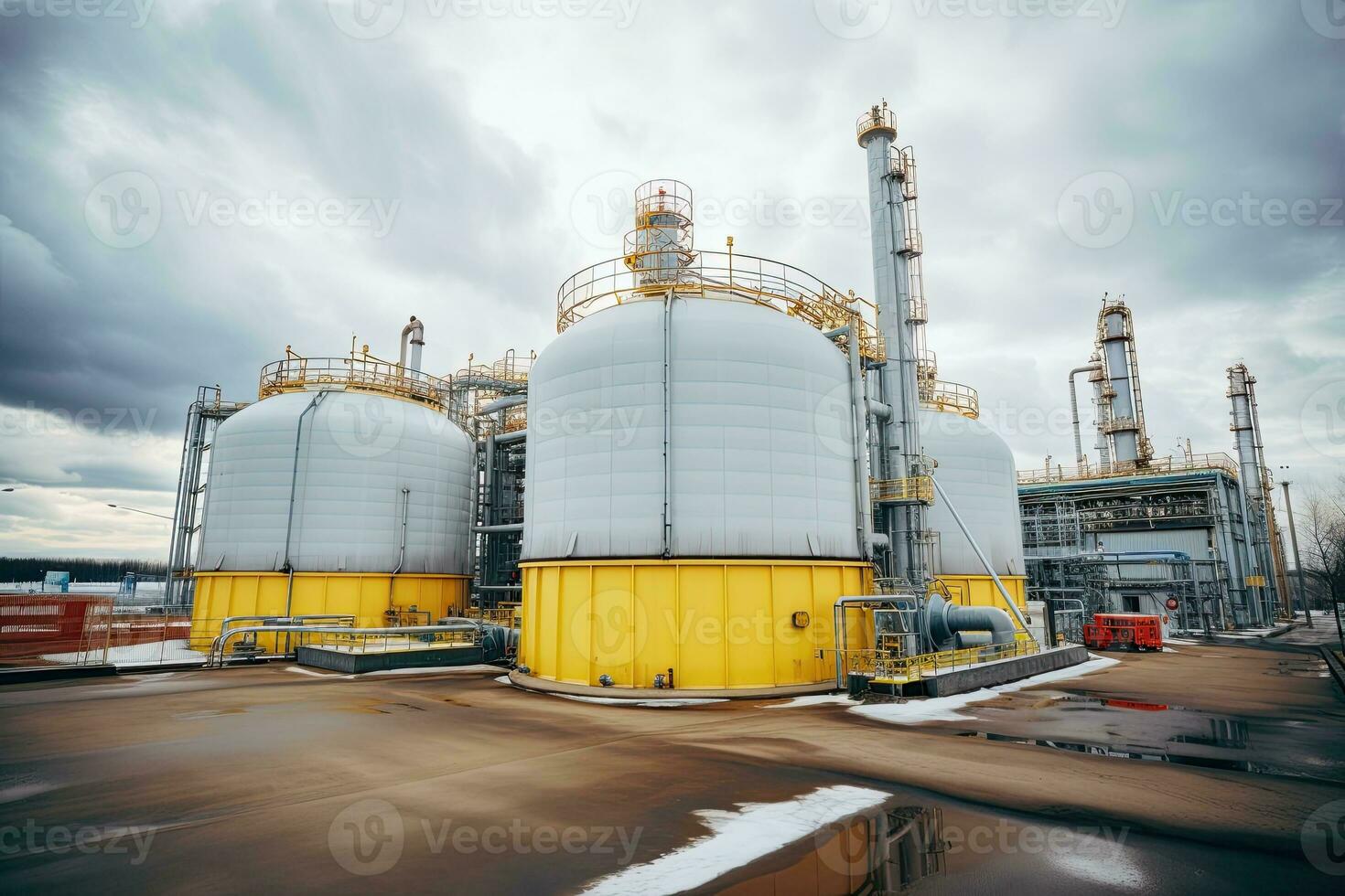 modern petrochemical plant with reactors and converters under heavy sky with copy space. Generative AI photo