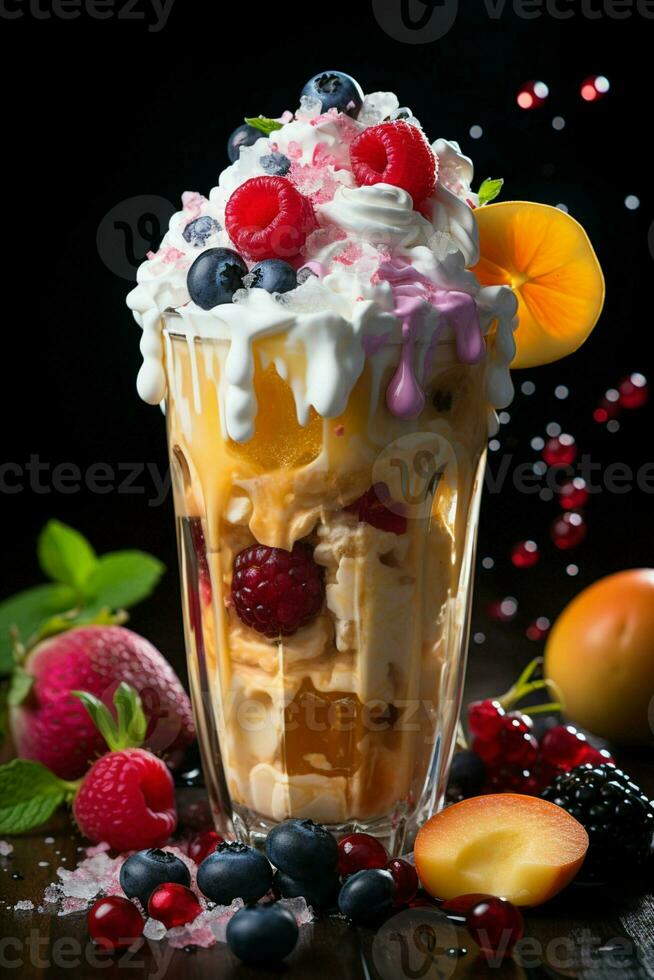 milkshake in a clear glass of fruit in the background with milk splashes and drops photo