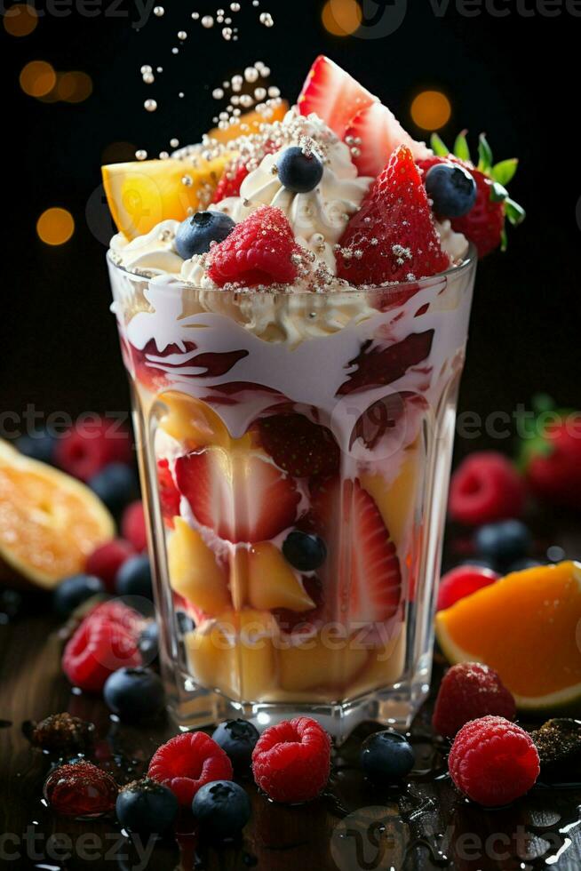 milkshake in a clear glass of fruit in the background with milk splashes and drops photo