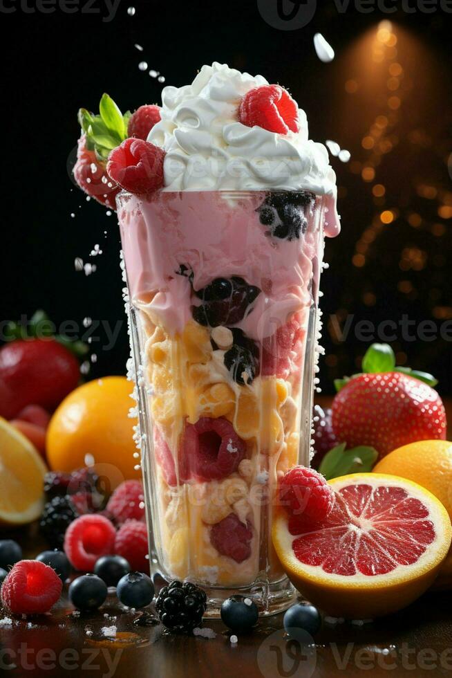 milkshake in a clear glass of fruit in the background with milk splashes and drops photo