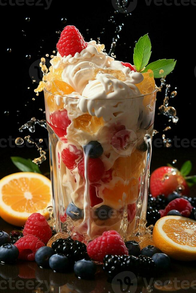 milkshake in a clear glass of fruit in the background with milk splashes and drops photo