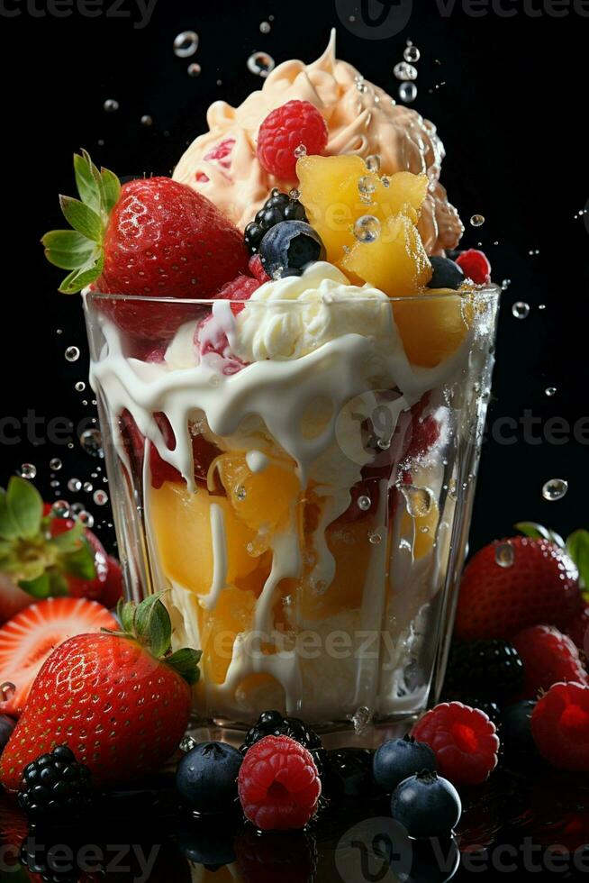 milkshake in a clear glass of fruit in the background with milk splashes and drops photo