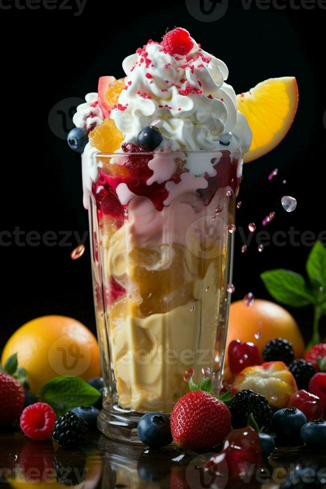 milkshake in a clear glass of fruit in the background with milk splashes and drops photo