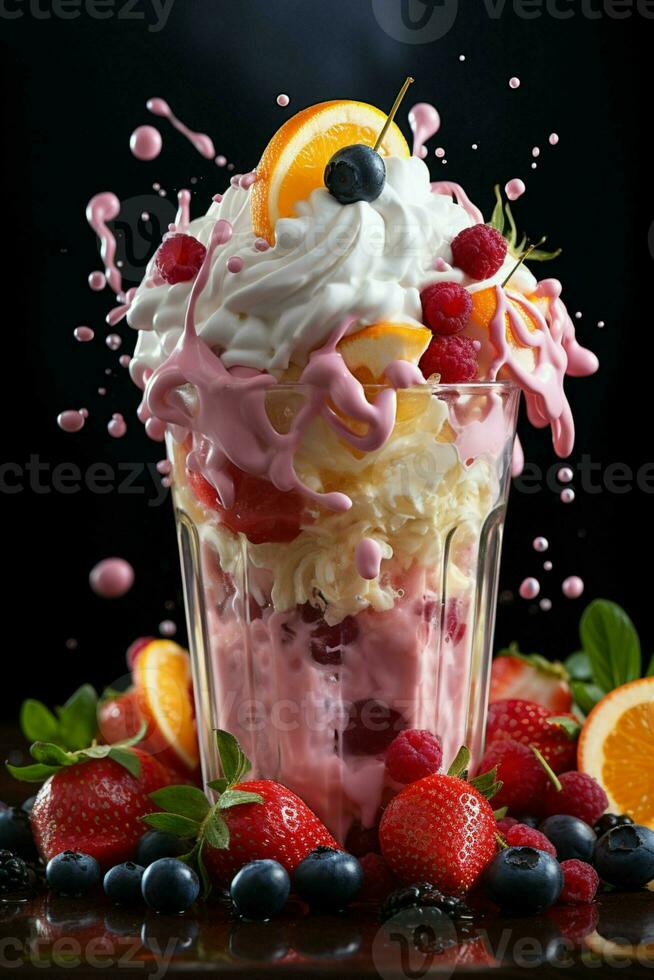 milkshake in a clear glass of fruit in the background with milk splashes and drops photo