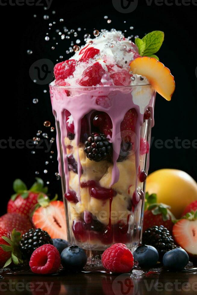 milkshake in a clear glass of fruit in the background with milk splashes and drops photo