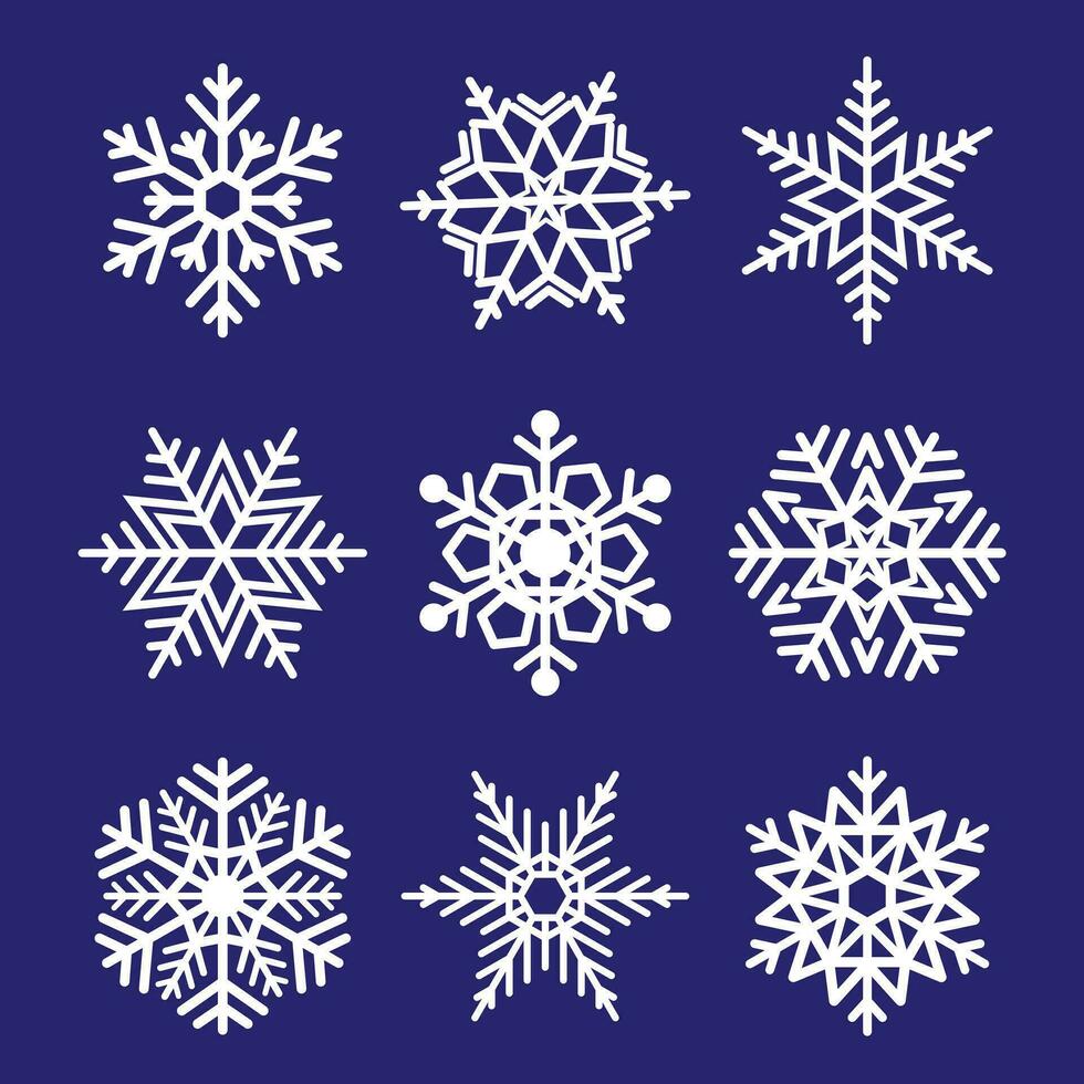 Christmas illustration flat vector in cartoon style. Set of white snowflakes icon isolated on dark blue background. Merry Christmas. For Christmas cards, banners, tag, labels, background.