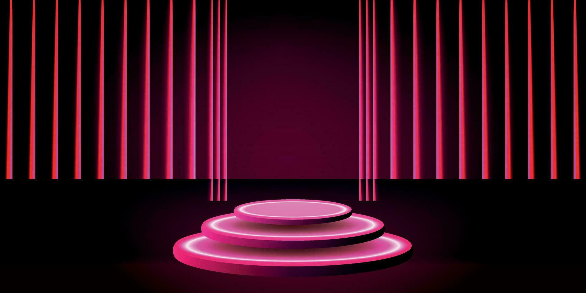 Catwalk or pedestal in full black for product display, photo luxurious, elegant, dark in low light for men, cosmetic LED neon vector