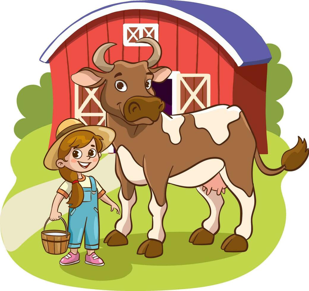 ilustración de un linda pequeño niña y un vaca en un granja vector