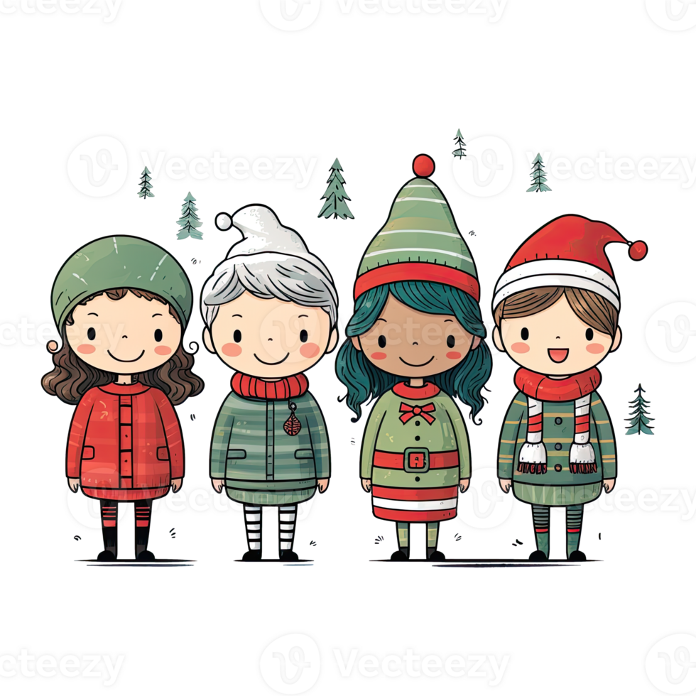 Cute cartoon children, Santa Claus friends and helper, Merry Christmas watercolor illustration, isolated background. AI Generative png