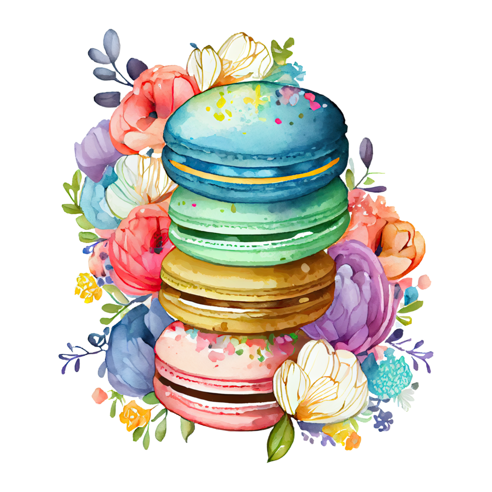 waterverf macarons, bitterkoekjes en bloemen. zoet taart nagerecht. ai generatief png