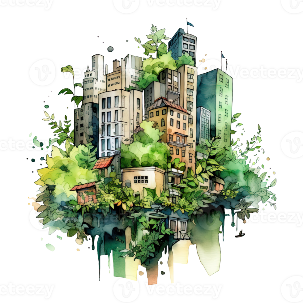 Urban Jungle, city, skyscrapers with lush foliage, cityscape design. AI Generative png