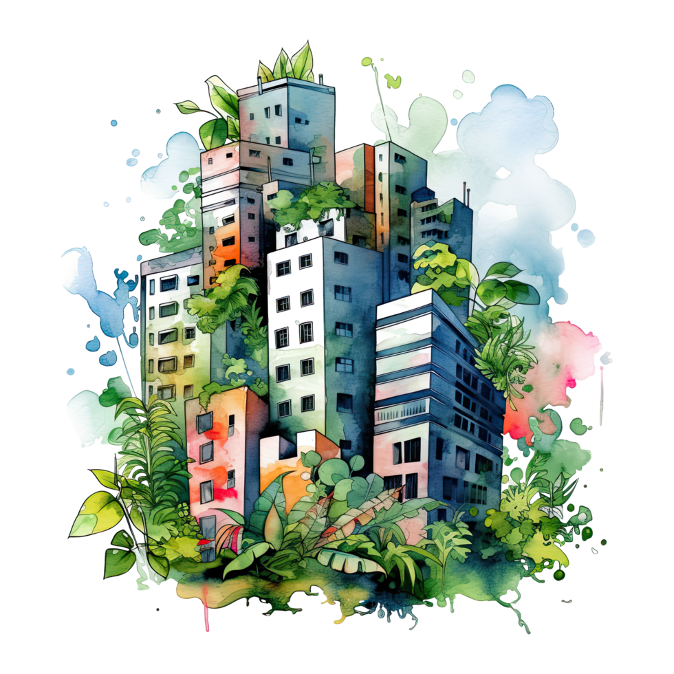 Urban Jungle, city, skyscrapers with lush foliage, cityscape design. AI Generative png