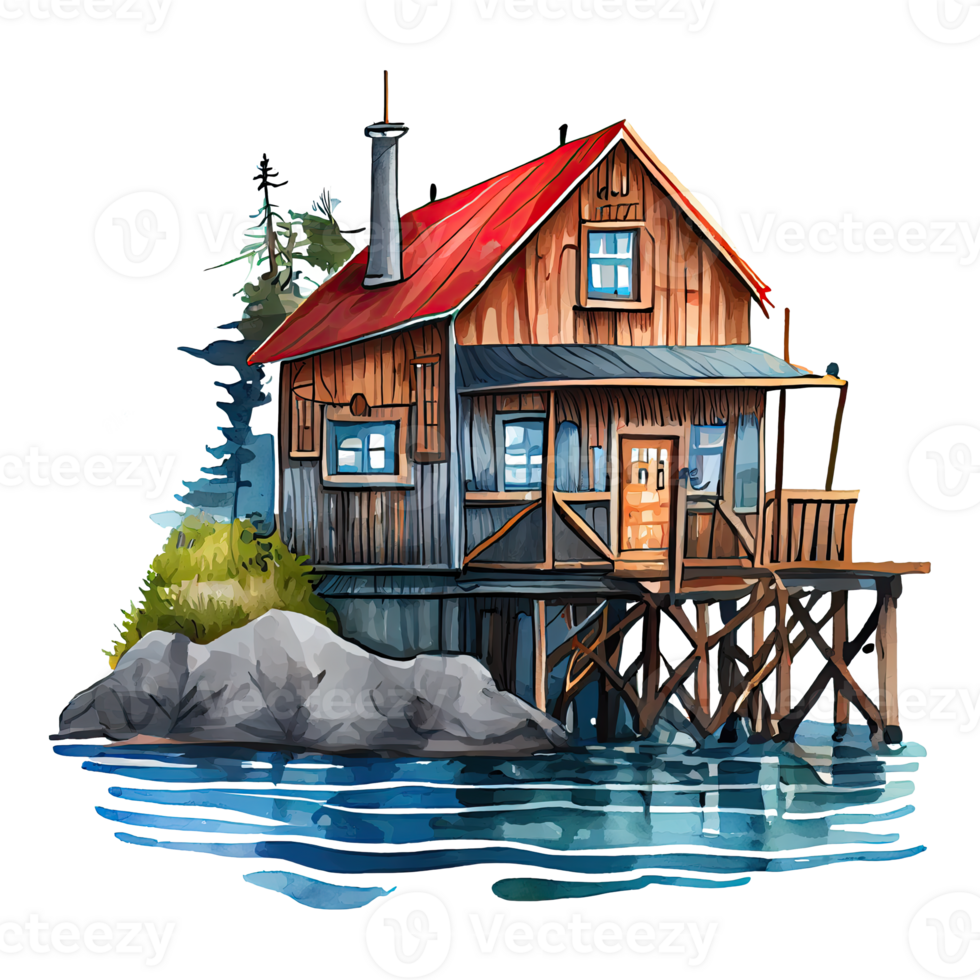 Watercolor fishing lodge, house on the lake illustration. AI Generative png